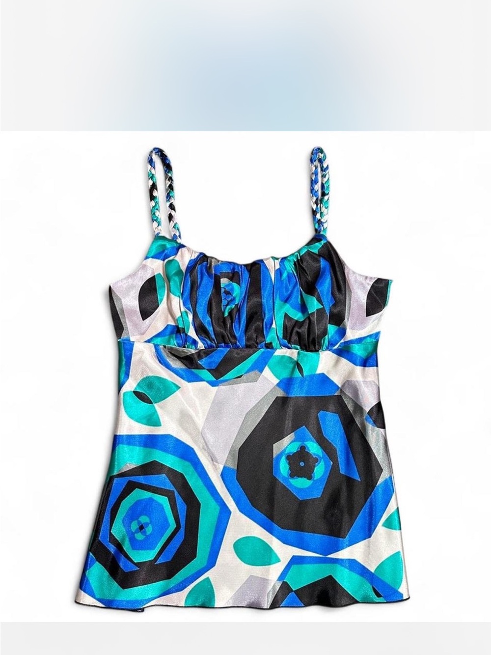 Vintage Y2K Satin Babydoll Tank Top Vibrant Blue Teal Geometric Floral Print